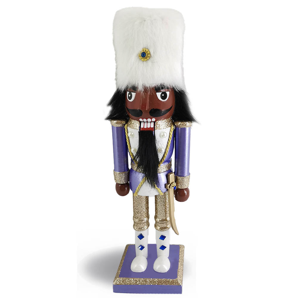 African American Soldier Nutcracker in Fancy Periwinkle White Fur Hat 10 Inch