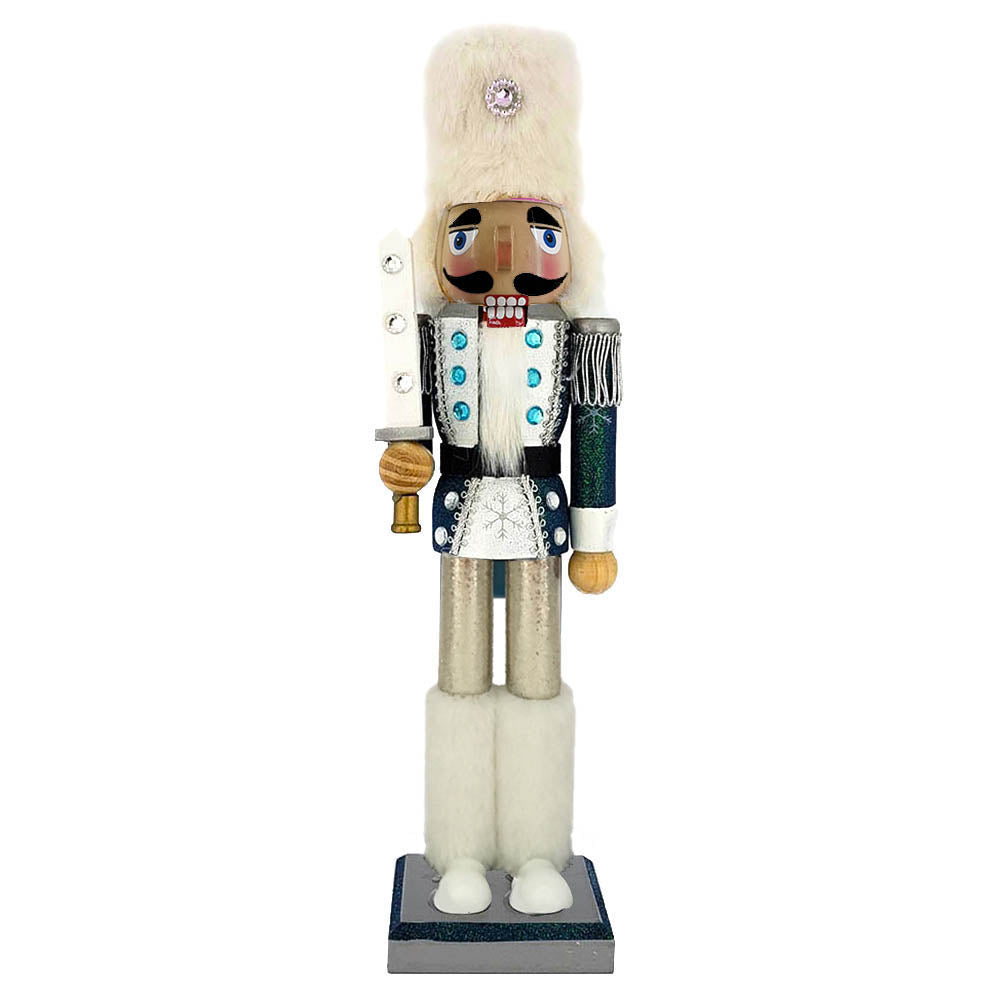 PASTEL-Snow Fantasy Soldier Nutcracker White and Blue Fur Hat, 15 inch