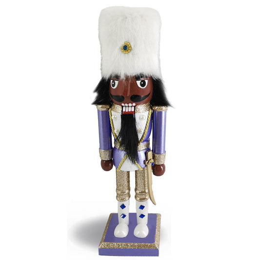 African American Soldier Nutcracker in Fancy Periwinkle White Fur Hat 10 Inch