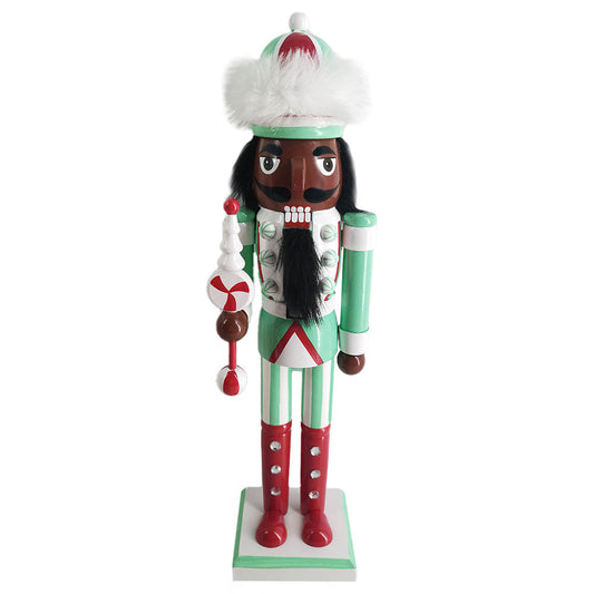 African American Green Candy Cane Nutcracker in Fur Hat 15 Inch